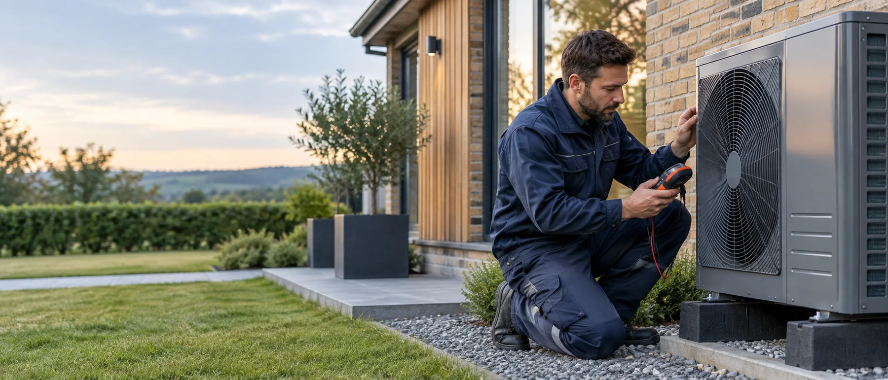 Illustrative image of an HVAC technician inspecting an outdoor residential heat-pump unit