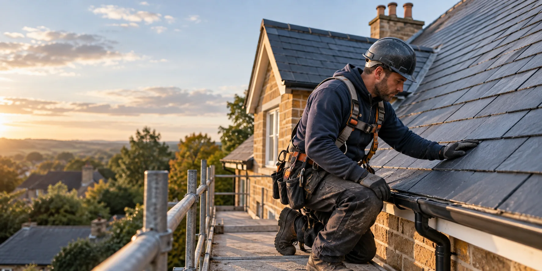 Illustrative image of a roofer inspecting a pitched roof from a scaffold platform