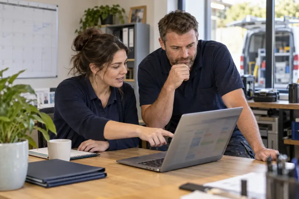 Trade business owner and coordinator reviewing a job schedule on a laptop